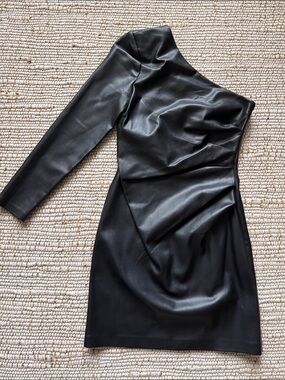 Mango One-Shoulder Black Faux-Leather Dress